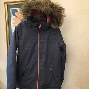 Roxy Navy Blue Hooded Jacket with Faux Fur Trim